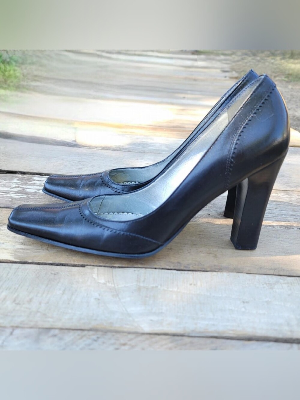 BCBGirls Vintage Y2K Black Square-Toe Leather Block Heels